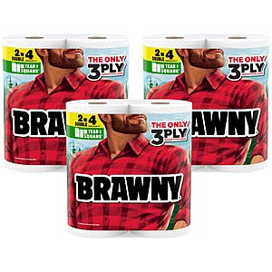 [S&S] Brawny Tear-A-Square 3-Ply Paper Towels, 6 Double Rolls = 12 Regular Rolls (3 Packs of 2) $10.05
