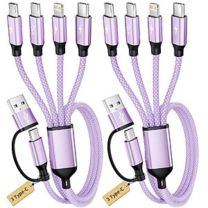 [Prime] 2-Pack 5FT 4-in-2 Multi Charging Cable w/ 3 USB-C & 1 Lightning Ports (Purple) & More $7.49 + Free Shipping