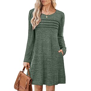 OFEEFAN Women's Pleated Crew Neck Casual Sweater Dress w/ Pockets $9.99 + Free Shipping w/ Prime or on $35+