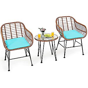 3-Piece Tangkula Outdoor Conversation Set w/ Round Tempered Glass Table & 2 Rattan Armchairs (Yellow/Turquoise) $80.74 + Free Shipping
