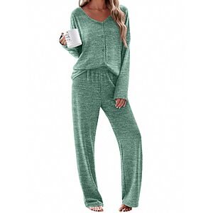 Ekouaer Womens Pajama Sets Button Up Long Sleeve Lounge Set Soft V Neck Pj $12.99