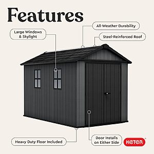 Keter Newton Plus 7.5x11 Ft All-Weather Storage Shed with Skylight, Window, Built-in Ventilation, Customizable Walls, & Lockable Double Doors, Graphite $1641.59