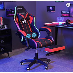 Hoffree Gaming Chair with Massage PU Leather Office Chair with Footrest, LED Light, Lumbar Support Adjustable Headrest High Back Computer Desk Chair for Home Office $119.97
