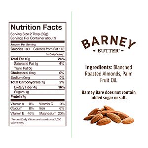 $4.75 S&S CLIP Q Barney Butter Almond Butter, Bare Smooth, 10 Ounce Jar, No Added Sugar or Salt, Skin-Free Almonds, No Stir