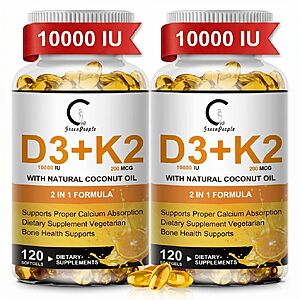 (2 Pack) Vitamin D3 K2 Supplement 10000 IU + K2 MK7 200mcg with Coconut Oil $13.38