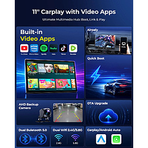 11" LAMTTO RC35  720p Wireless CarPlay / Android Auto Display w/ Apps $95 + Free S/H