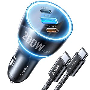 LISEN 3-Port (140W+30W+30W) USB-C GaN Car Charger w/ 240W 3.3' USB-C Cable $18 + Free S&H w/ Prime