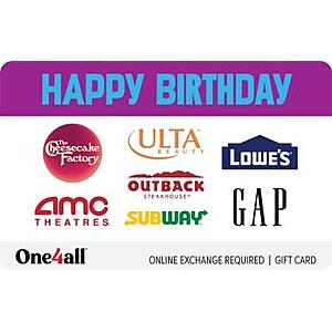 +$7.50 bonus on $50 One4All gift card, exchange for Lowe's, Subway, Sephora and more, + 4x fuel points, Kroger Gift Cards