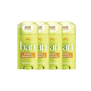 Select Accounts: 4-Pack Ban Invisible Solid Antiperspirant Deodorant (Sweet Simplicity) $10.01 w/ S&S + Free Shipping w/ Prime or on $35+