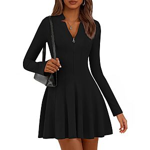 Lazysmile A-Line Long Sleeve Mini Dress w/ Half Zip V Neck (Various) $9.99 + Free Shipping w/ Prime or on $35+