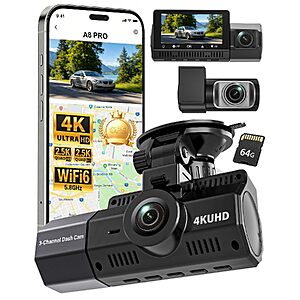 Eivikga 3 Channel Dash Cam Front and Rear Inside, STARVIS 2 Night Vision, WiFi 6 APP Access, GPS and 64GB Card $54.99