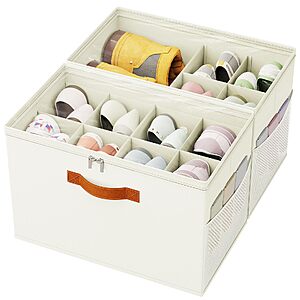 $19.99 for IMAXTOP Shoe Organizer for Closet, 2-Pack Foldable Shoe Storage Box with Adjustable Dividers & Clear Cover, Fits 16 Pairs, Beige, Durable and Space-Saving