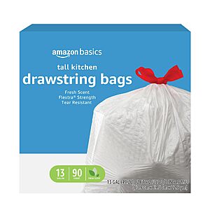 as low as $5.93 S&S/Q Amazon Basics Flextra Strength Tall Kitchen Drawstring Trash Bags, Fresh Scent, Tear Resistant, 13 Gallon, 90 Count