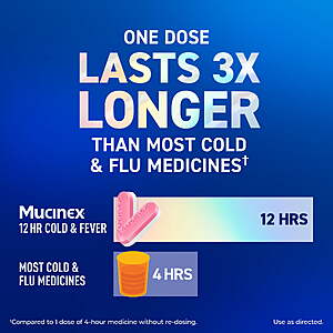 $14.97 get $5 Walmart Cash Mucinex 12 Hour Cold and Flu Medicine for Adults, Long Lasting Cough & Cold Medicine For All Day Relief of Headache, Body Aches, Fever, Cough,
