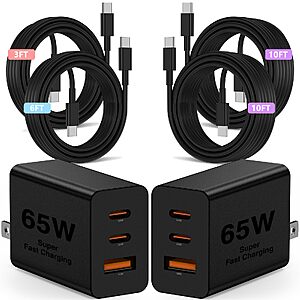 65W Super Fast Charger Type C 3/6/10/10ft, 100W USB C Wall Charging and Long Android Phone Charger Cable Cord $18