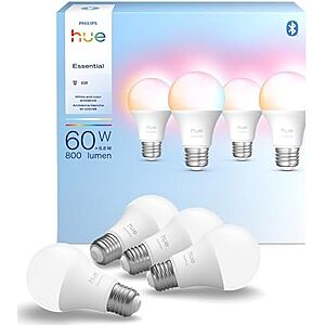 [Resale] $30.20 | 4-Pack Philips Hue Essential Smart LED A19 Bulb, White and Color Ambiance (Used - Like New) at Amazon