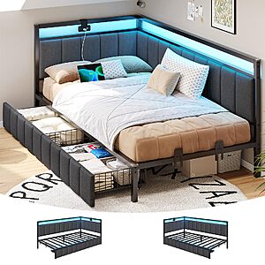 DICTAC Twin Corner Bed Frame with 2 Storage Drawers and Charging Station Twin Bed Frames with Storage and Led Lights Twin Size Daybed $109.98