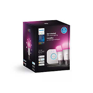 Philips Hue Smart Light Bulbs Starter Kit, 1 Bridge + 2 60W A19 E26 Base Bulbs $49.99 + $5.99 Shipping