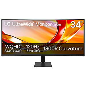 LG 34" UltraWide WQHD 1440p 1800R Curved Office Monitor, Black, 34U601B-B $199