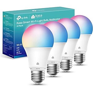 [Resale] $13.60 | 4-Pack Kasa Multicolor Dimmable Wi-Fi Smart Bulb, A19, KL125P4 (Used - Like New) at Amazon