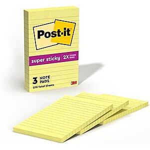 [NEW] $4.82 | Post-it Super Sticky Notes, 4 x 6 in, Canary Yellow, 3 Lined Pads at Amazon