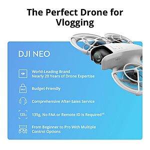 $139 Amazon or B&H DJI Neo, Mini Drone with 4K UHD Camera for Adults, 135g Self Flying Drone that Follows You, Palm Takeoff, Subject Tracking,