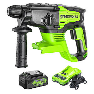 Greenworks 24V SDS-Plus 2J Brushless Rotary Hammer Drill 4.0 ah battery and charger + 50 Piece Impact Rated Driving Set $101.49