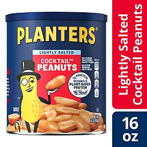 PLANTERS Lightly Salted Peanuts, Plant Based Protein Snacks, 16 Oz (1 Ct) | Roasted Lightly Salted Nuts. 0g Trans Fat. Resealable Jar~$2.83 With S&S @ Amazon