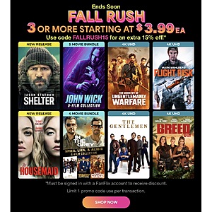 Fanflix Fall Rush 3 or more starting @ $3.99 each plus extra 15% Off with code FALLRUSH15