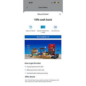 Chase Freedom for Lowes- Cashback offer 10%  upto 50$ $50