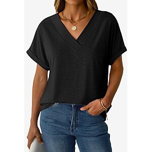 Women’s V-Neck Short Sleeve T-Shirt $5.39 – Loose Fit Casual Summer Basic Tee