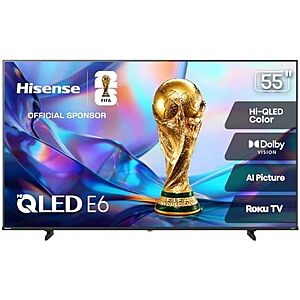$328.99* | Hisense 55" Class E6SR Series Hi-QLED 4K UHD Smart Roku TV (55E6SR, 2026 Model) at Amazon