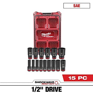 Milwaukee SHOCKWAVE Impact-Duty 1/2 in. Drive SAE Deep Well Impact PACKOUT Socket Set (15-Piece) $104