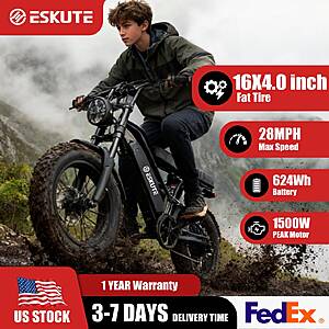 Eskute V100 Electric Bike 1500W Peak 28mph 48V 13Ah 16in x 4in Fat Tire 7-Speed Dual Suspension Orange $376 + Free S/H