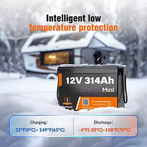Humsienk 12V 314Ah LiFePO4 Battery Capacity 4019Wh 100A BMS Up 15000 Cycles Low-Temp Protection $213.80 + Free Shipping