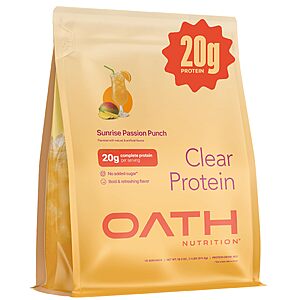 [S&S] Oath Nutrition Clear Whey Isolate Protein Powder, Sunrise Passion Punch, 20g Complete Protein per Serving, No Added Sugar, Grass-Fed, 18 Servings $16.85