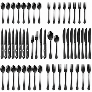 NULAS 48-Piece Silverware Set, Mirror Polish Stainless Steel Flatware Set. Includes Steak Knives, Dishwasher Safe for Home & Restaurant, Gifts, Black.  $25.99