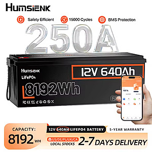 Humsienk 12V 640Ah LiFePO4 Battery, 250A BMS w/Bluetooth, 5-year warranty; free s&h $774.96