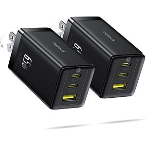 Prime Members 2-Pk 65W Baseus 3-Port USB-C Foldable Wall Charger Blocks $27 & More + Free S&H