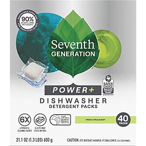 40-Count Seventh Generation Power Plus Fresh Citrus Dishwasher Detergent Packs $6.83 w/ S&S + Free Shipping w/ Prime or on $35+