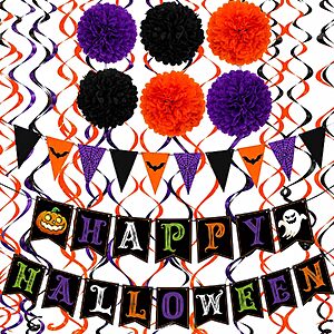 16-Piece Halloween Decorations Kit w/ Happy Halloween Banner, Pennant Banner, Pom Poms & Hanging Swirls $3.99 + Free Shipping w/ Prime or on $35+