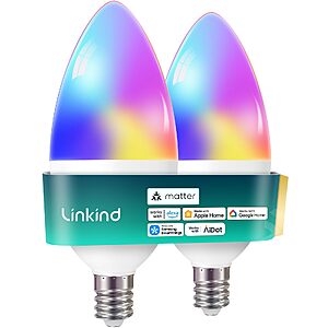 2-Pk Linkind Matter E12 Candelabra Smart 470LM RGB LED Bulbs $10 + Free Shipping w/ Prime or on $35+