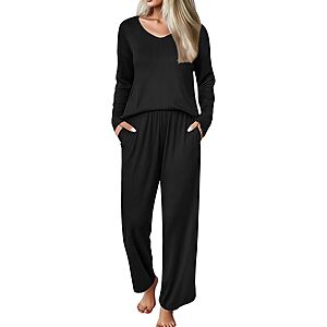 2-Piece Ekouaer Women's Ribbed Knit Long Sleeve V-Neck Pajama Set (Various) $9.99 + Free Shipping w/ Prime or on $35+