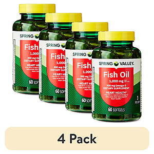 (4 pack) Spring Valley Fish Oil Omega-3 Softgels for Heart Health, 1000 mg, 60 Count $30.18