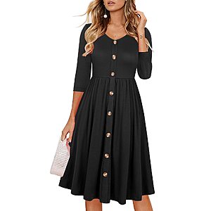 Lamilus Women's Casual Fall 3/4 Sleeve V-Neck Button Down A-Line Swing Party Dress (S, Black-026-3/4) $13.5