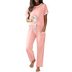 2-Piece Ekouaer Women's 100% Cotton Short Sleeve Top with Long Pants Pajamas Set (Various) from $12.99 + Free Shipping w/ Prime or on $35+