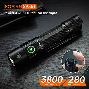 Sofirn SP35T 3800lm Tactical LED Flashlight, 3800 Max Lumens, USB-C Rechargeable, 21700 Battery, free s&h; $20.67