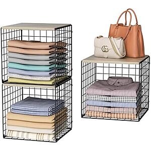 3-Pack Stackable Closet Organizer Shelves w/ Wood Top & Metal Wire Basket $21.99 + Free Shipping w/ Prime or on $35+