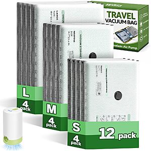 12-Count Wfiia Vacuum Compression Travel Bags w/ USB Rechargeable Pump (3 Sizes) $11.39 + Free Shipping w/ Prime or on $35+
