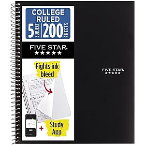 $3.50 | Five Star Spiral Notebook + Study App, 5 Subject, College Ruled Paper, 8-1/2" x 11", 200 Sheets at Amazon